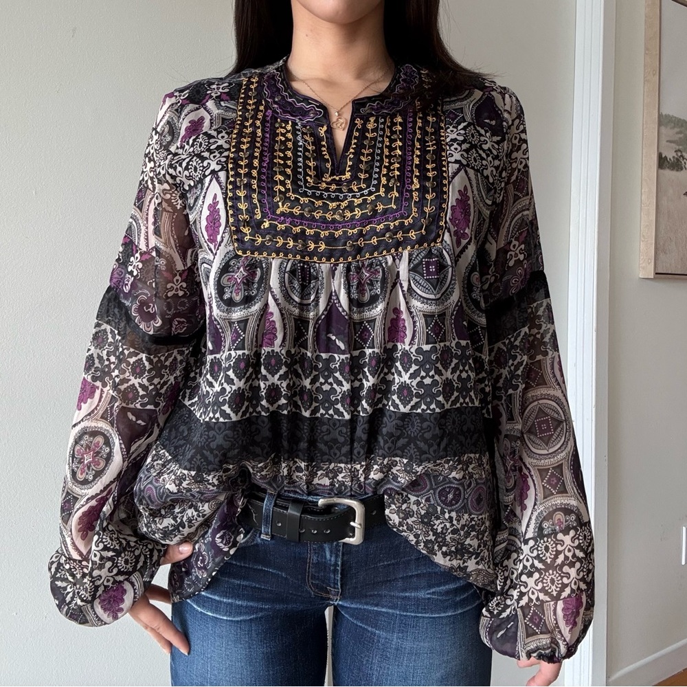 Y2K Boho Embroidered Sheer Blouse – Oversized